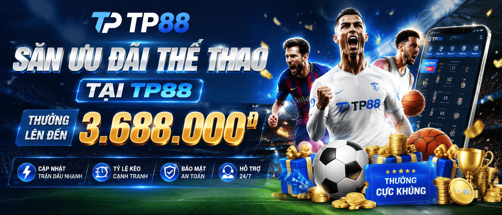 Danh mục Thể Thao TP88 với các môn nổi bật như Bóng Đá, Bóng Rổ, Tennis và Esports